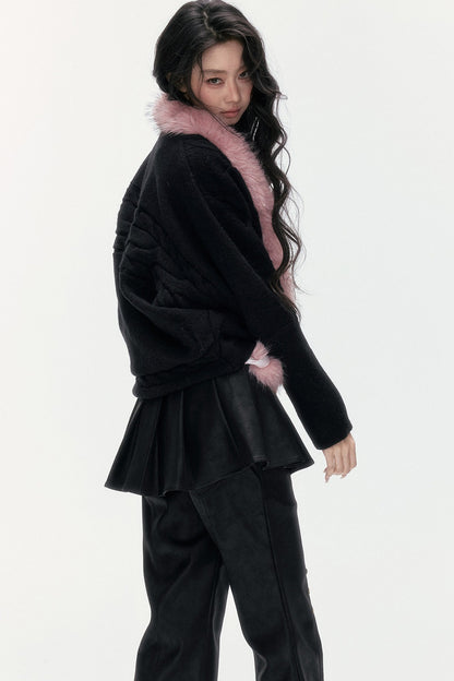 Detachable Fur Collar Batwing Knit Cardigan