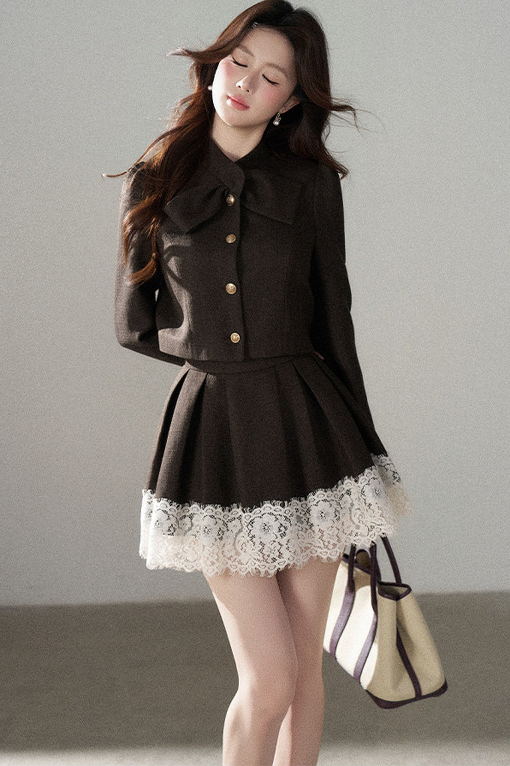 Coffee Lace Splicing Jacket and Skirt Set-Up