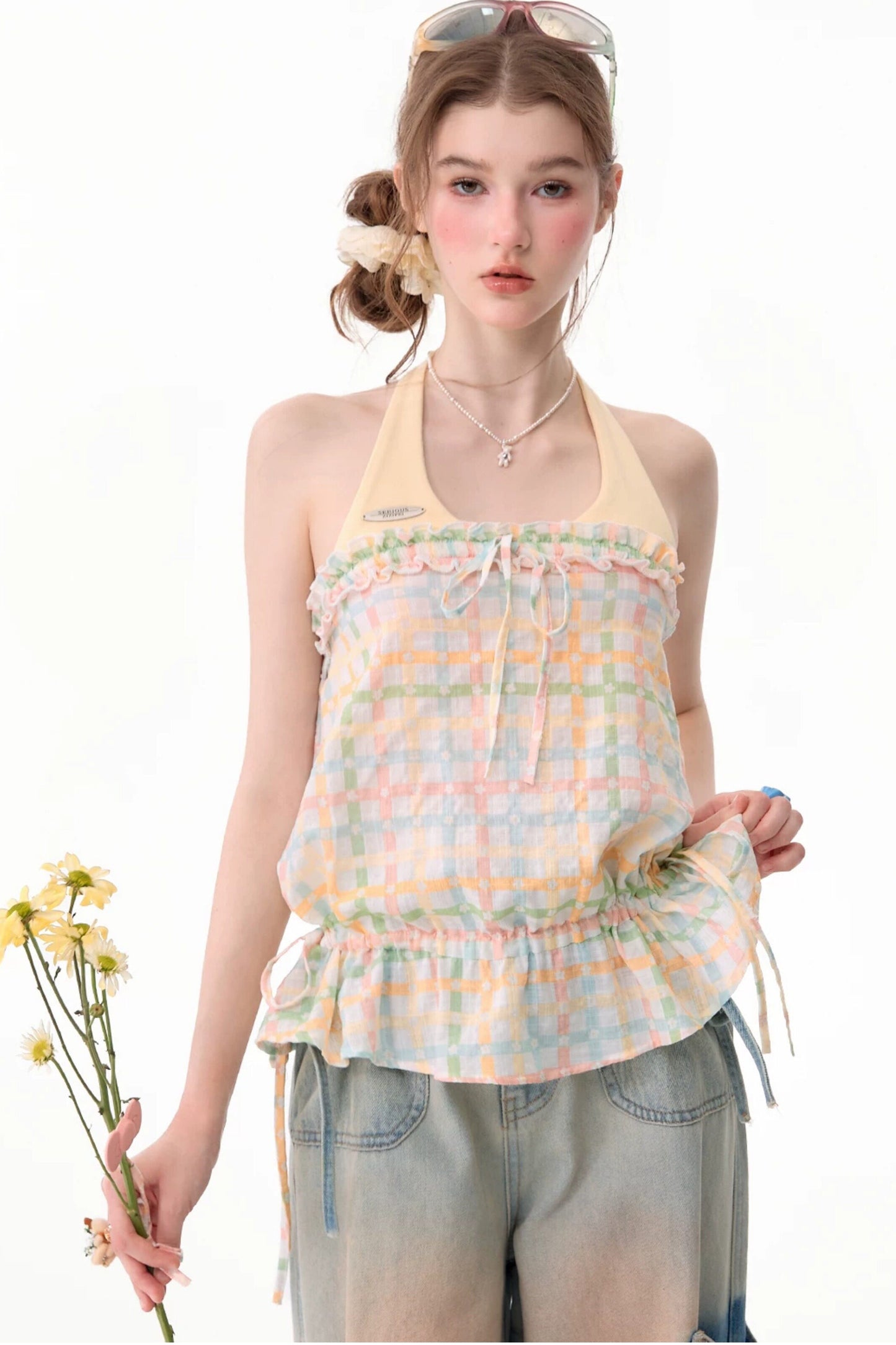 Blusa all'americana a quadri pastello