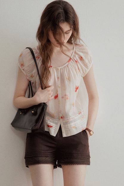 Floral Lyocell Short-Sleeve Blouse