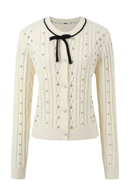 Rhinestone Bow Knit Cardigan Top and Velvet Skirt Set-Up