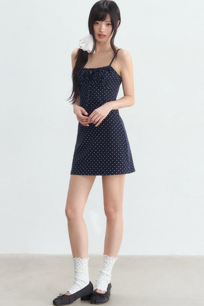 Navy Polka Dot Suspender Dress With Cardigan