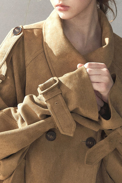 Chestnut Brown Faux Suede Windbreaker and Shorts Set-Up