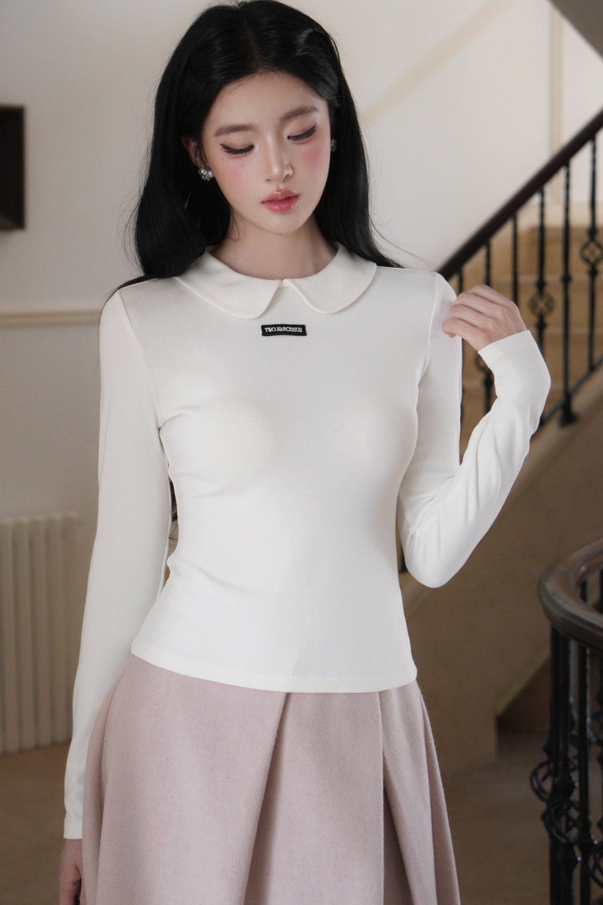 Doll Collar Bowknot Knit Top and Tank Dress Set-Up