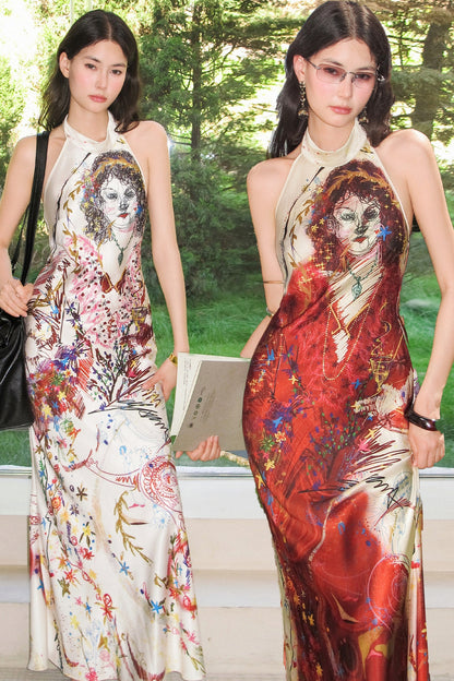 Vintage Hand-Drawn Portrait Halter Maxi Dress