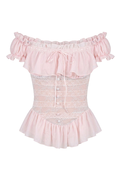 One-Shoulder Ruffled Lace Patchwork Top Set-Up