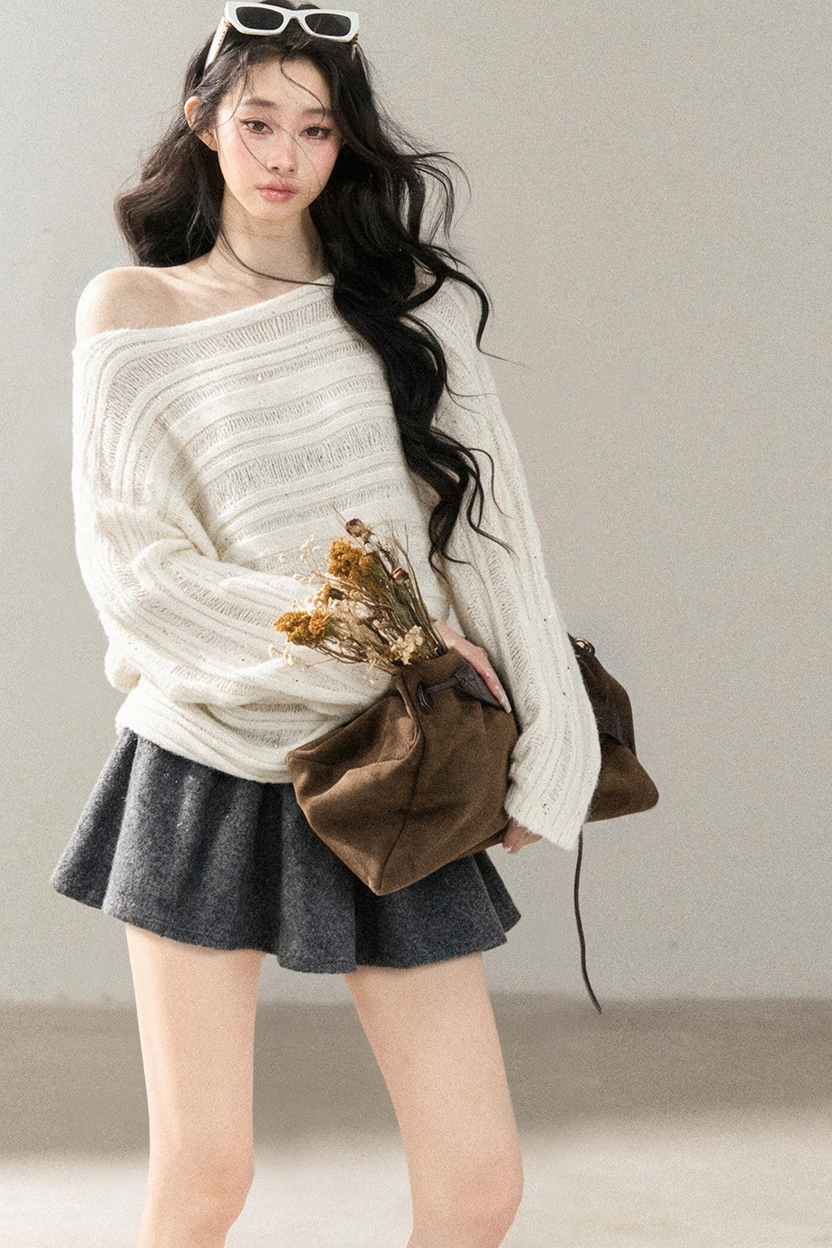 Apricot Rain's Dusk Off-Shoulder Wool Sweater