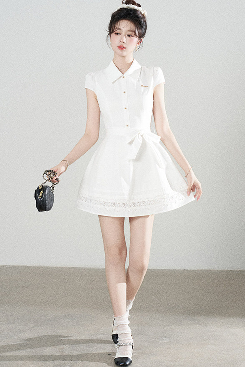 White Lace-Up Waist Puff Dress