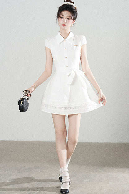 White Lace-Up Waist Puff Dress