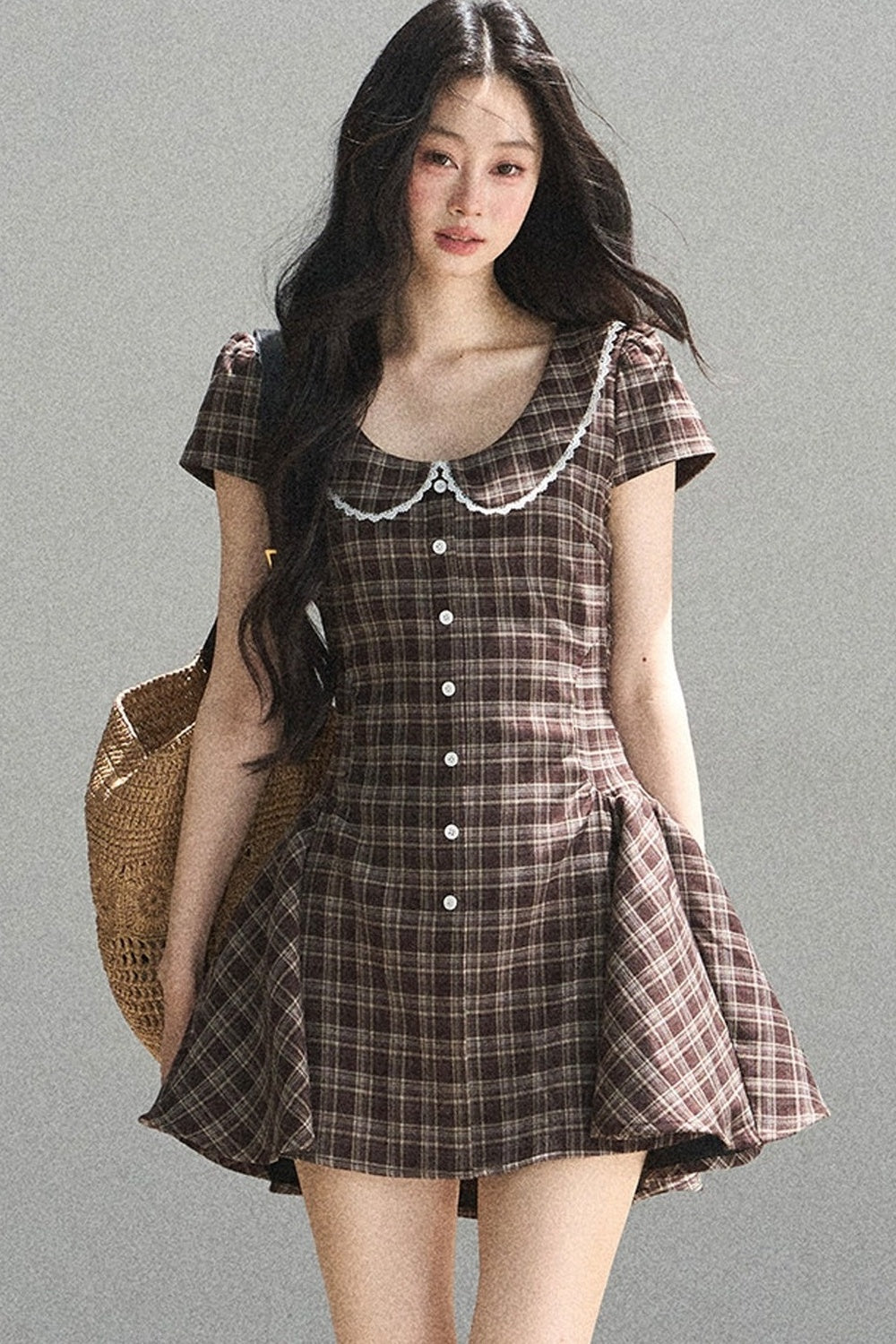 Chestnut Brown Plaid Puffy Dress