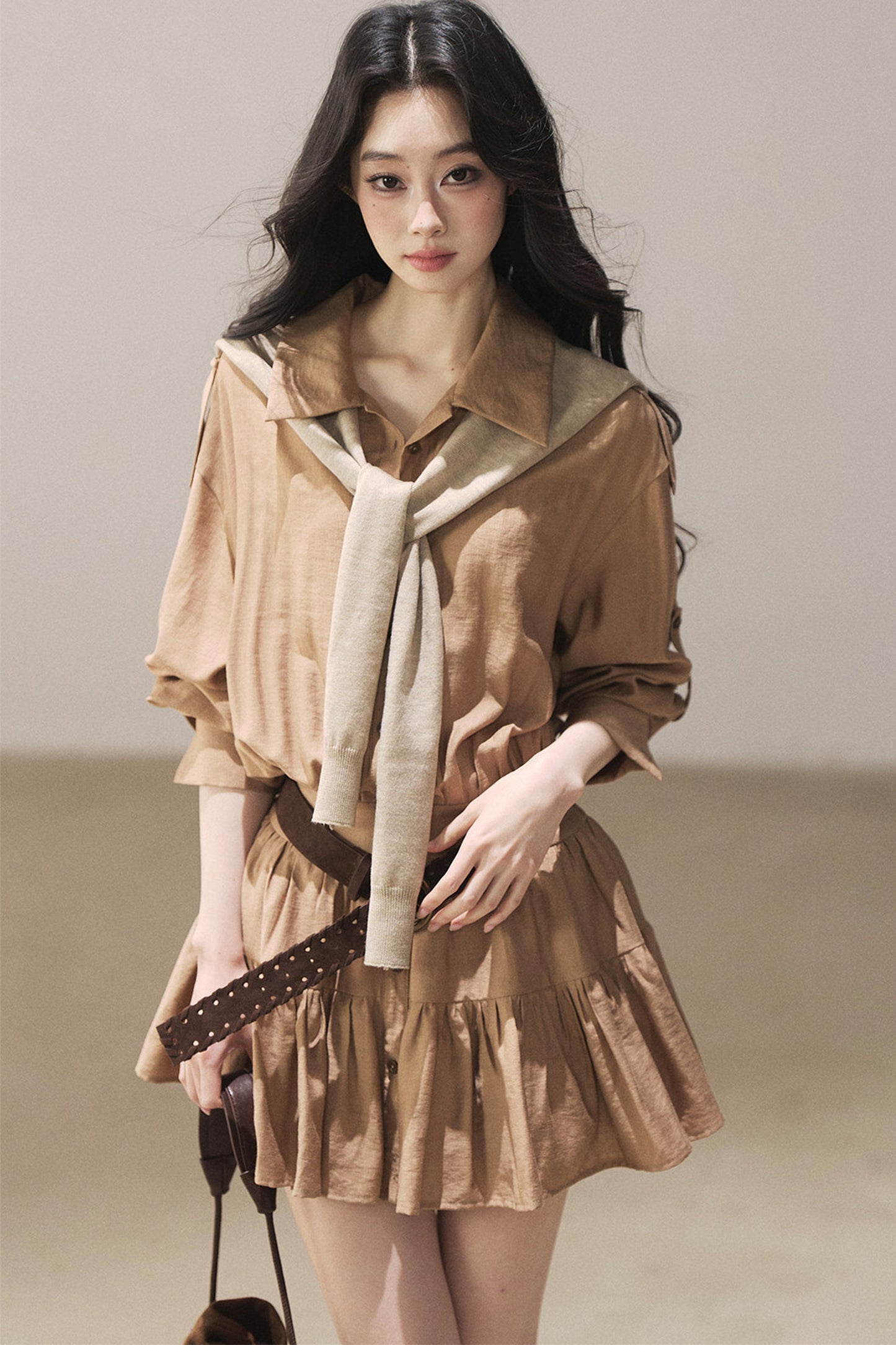 Chestnut Brown Shirt Dress And Pants Set-Up