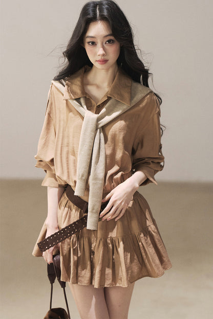 Chestnut Brown Shirt Dress And Pants Set-Up