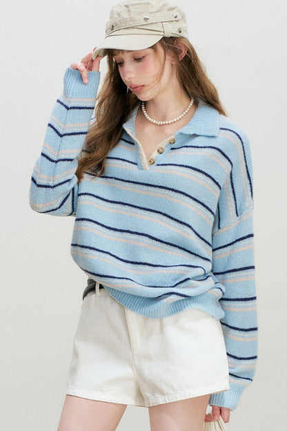 Striped Knit Pullover Polo Shirt