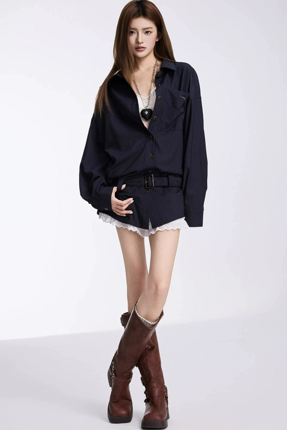 Belted Striped Shirt Dress Set-Up