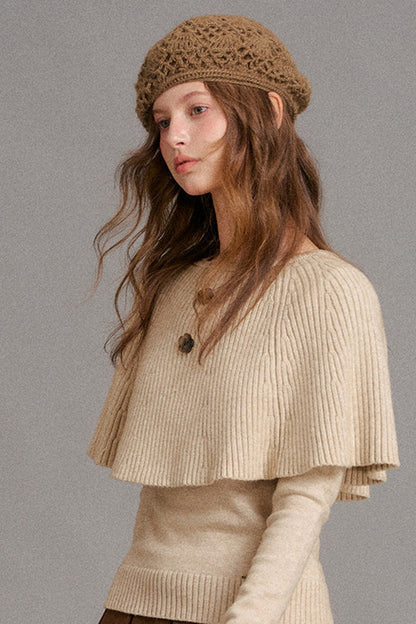 Floral Button Ribbed Cuff Cape Sweater Set