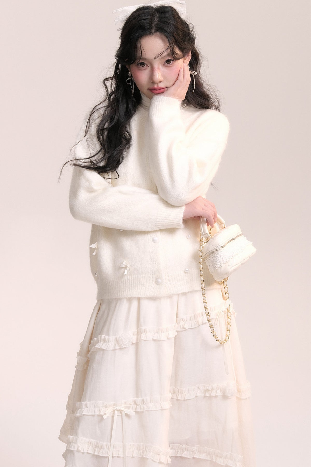 Ballet Bow Knit Cardigan With Skirt Set
