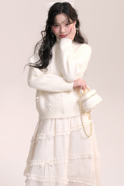 Ballet Bow Knit Cardigan With Skirt Set