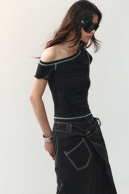 Contrast Stitching Asymmetrical Shoulder Short-Sleeve Top