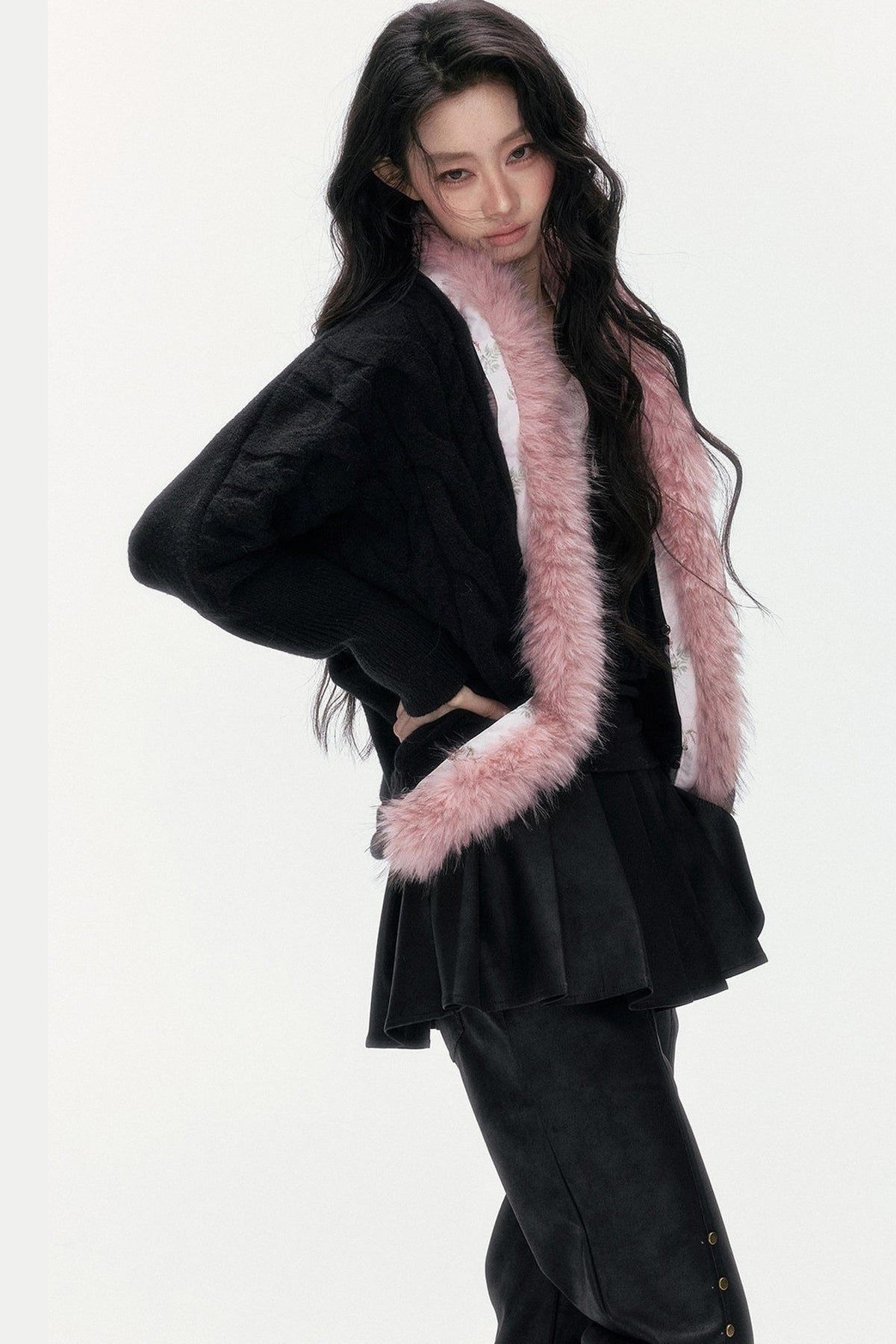 Detachable Fur Collar Batwing Knit Cardigan