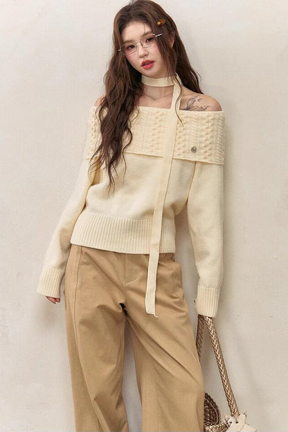 Maglione a maglia a maniche lunghe con spalle scoperte