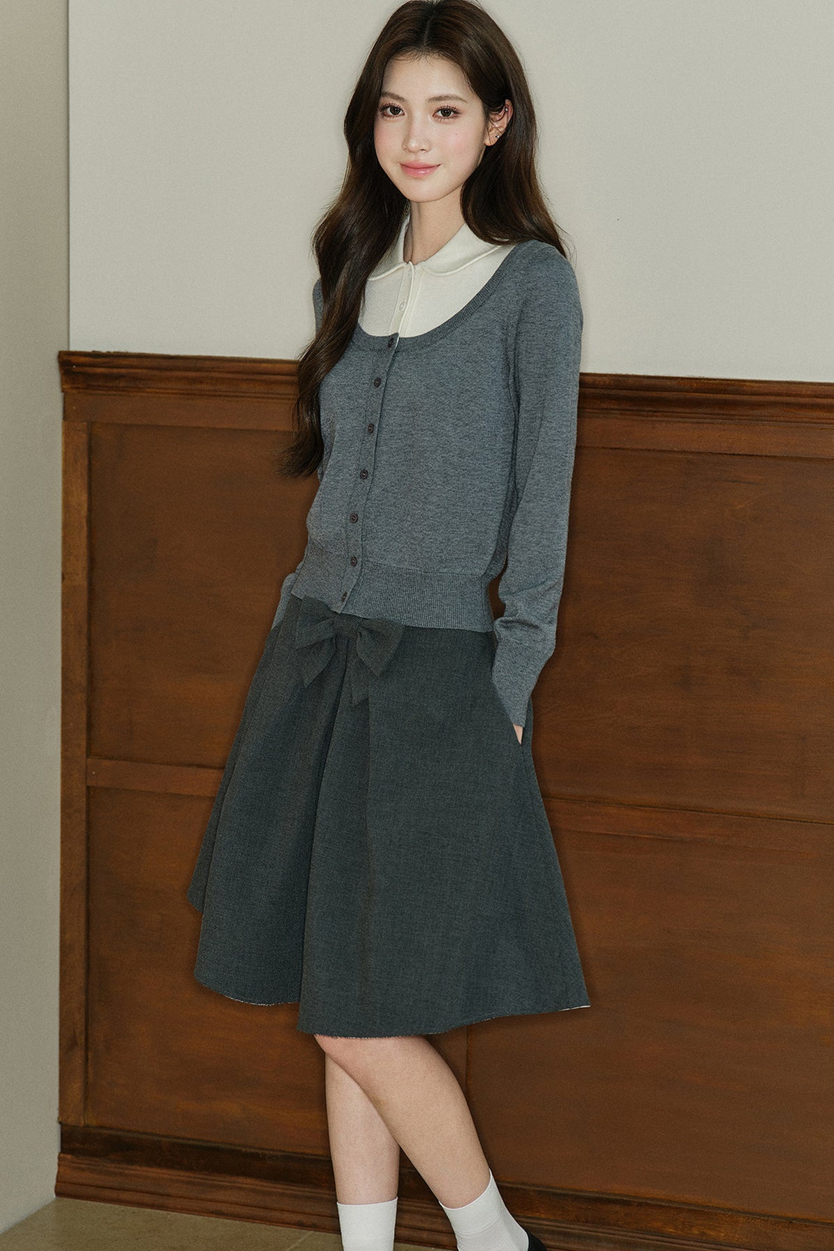 Mid-Waist Bow A-Line Frayed Skirt