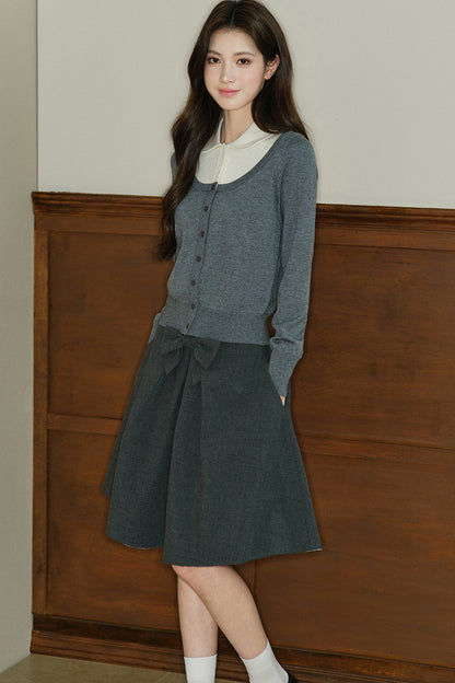 Mid-Waist Bow A-Line Frayed Skirt