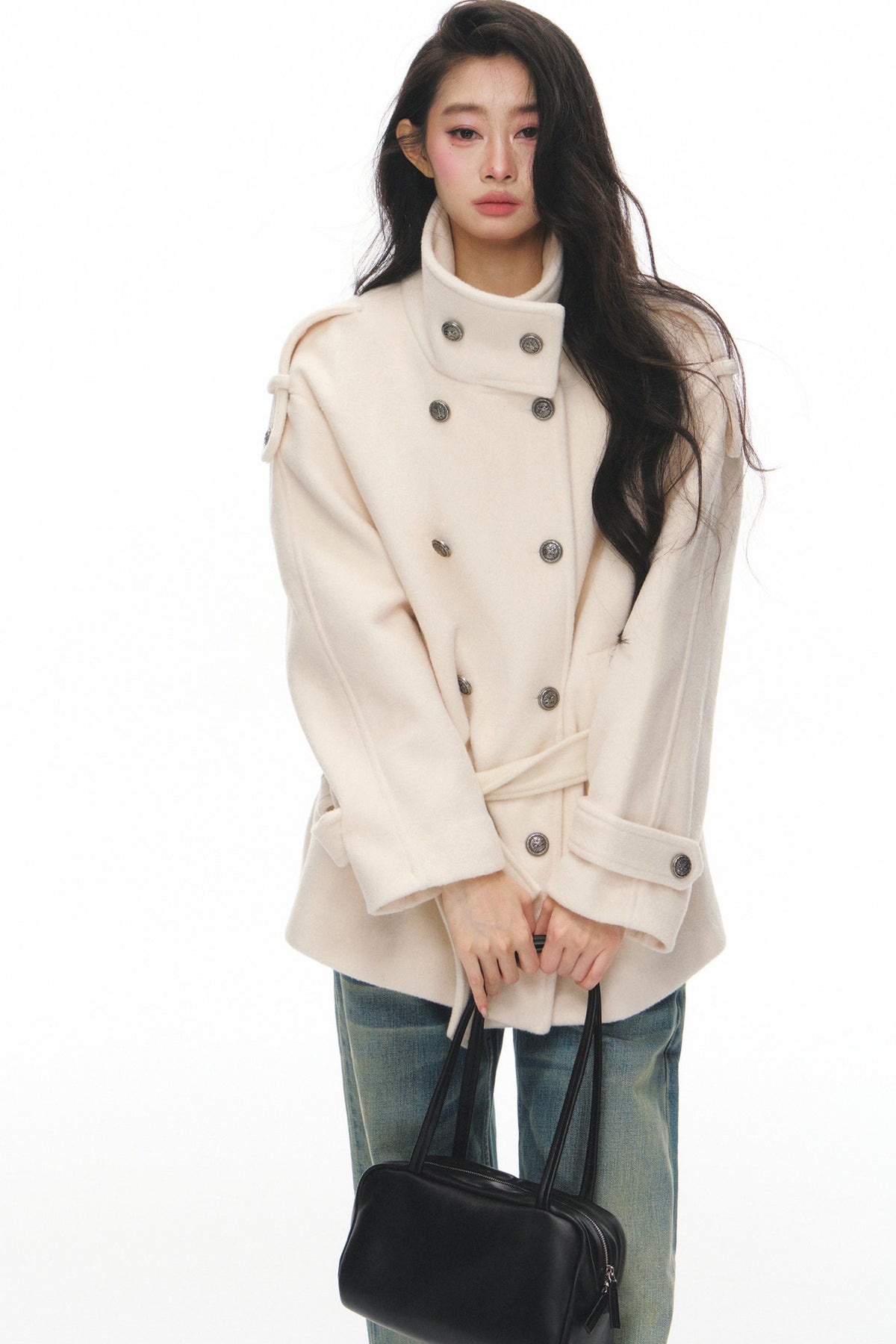 White Double-Breasted Stand-Collar Jacket and Pants Set-Up