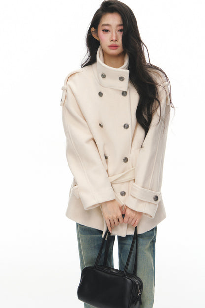 White Double-Breasted Stand-Collar Jacket and Pants Set-Up