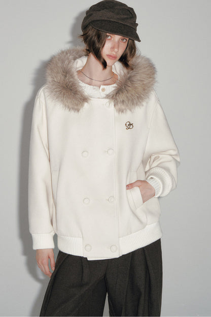 White Wool Hooded Large Fur Collar Jacket