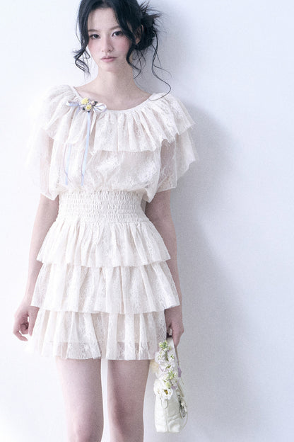 Layered Lace Ruffle Flutter Sleeve Tiered Dress