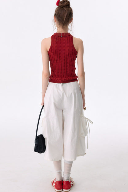 Red Knit Polo Collar Tank Top