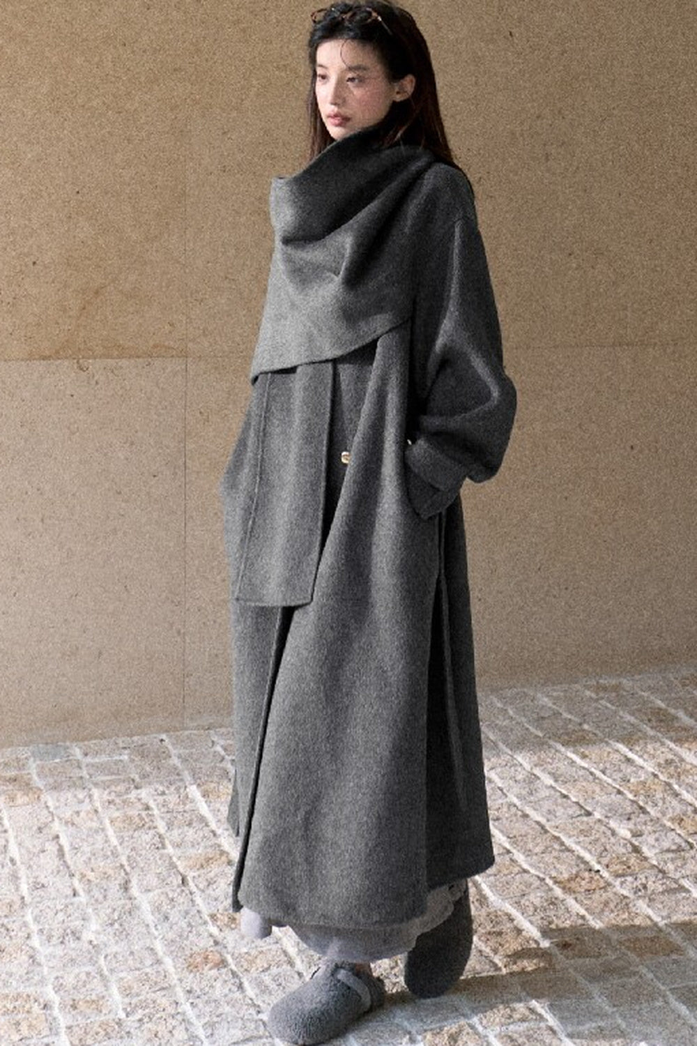 Double-Sided Wool Scarf Collar Coat