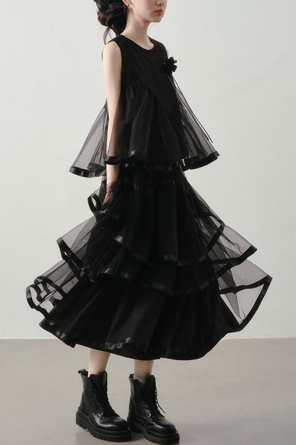 Black Mesh Layered-Look Two-Piece Set