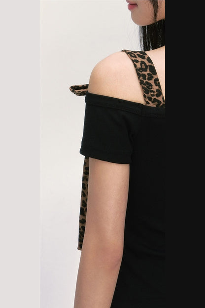 Leopard Bow Asymmetrical Shoulder Short Sleeve T-Shirt