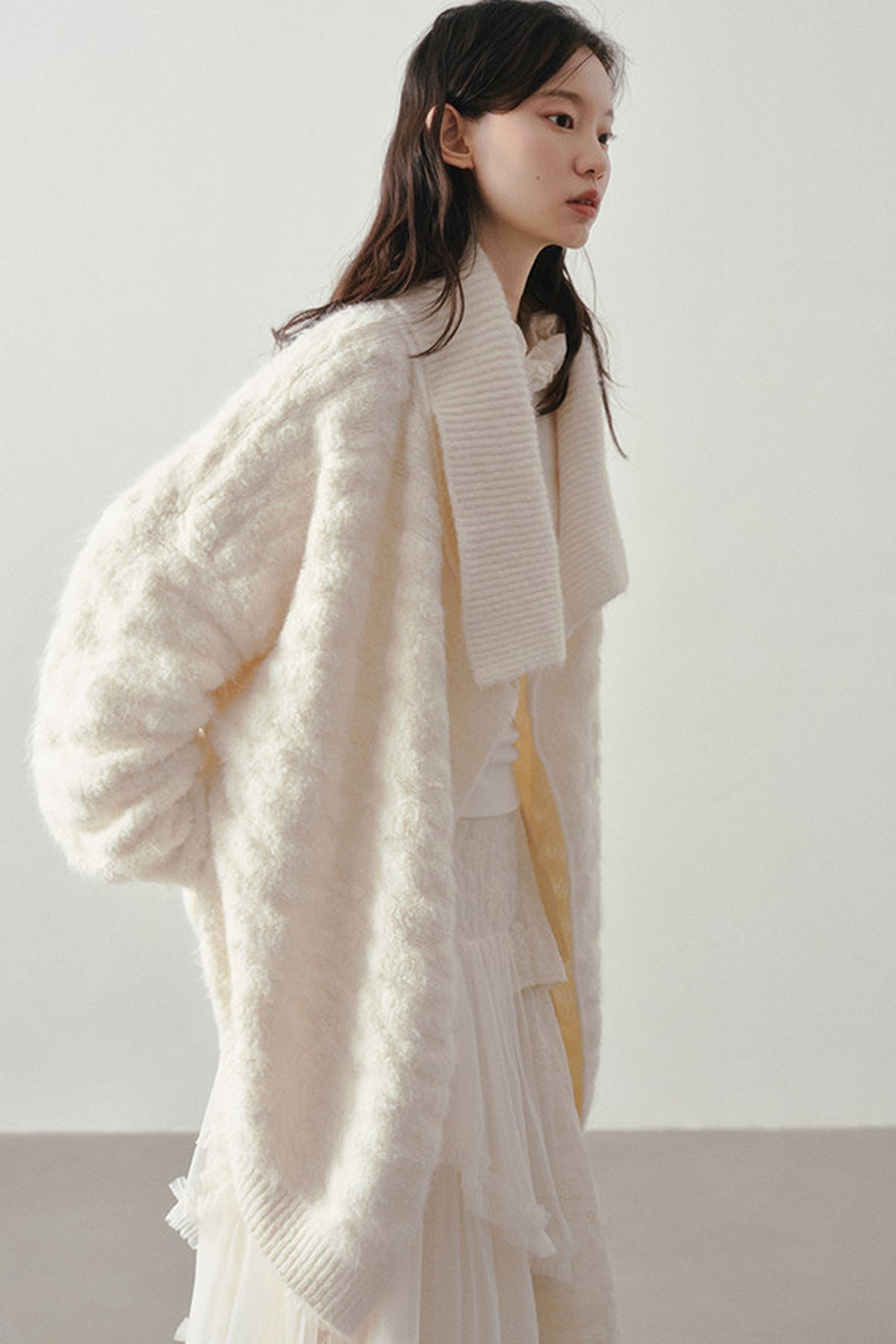 Beige Thick-Knit Loose Mid-Length Cardigan