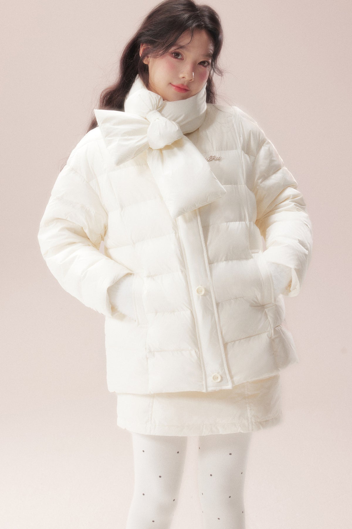 Bow-Knot Scarf Mid-Length Down Jacket