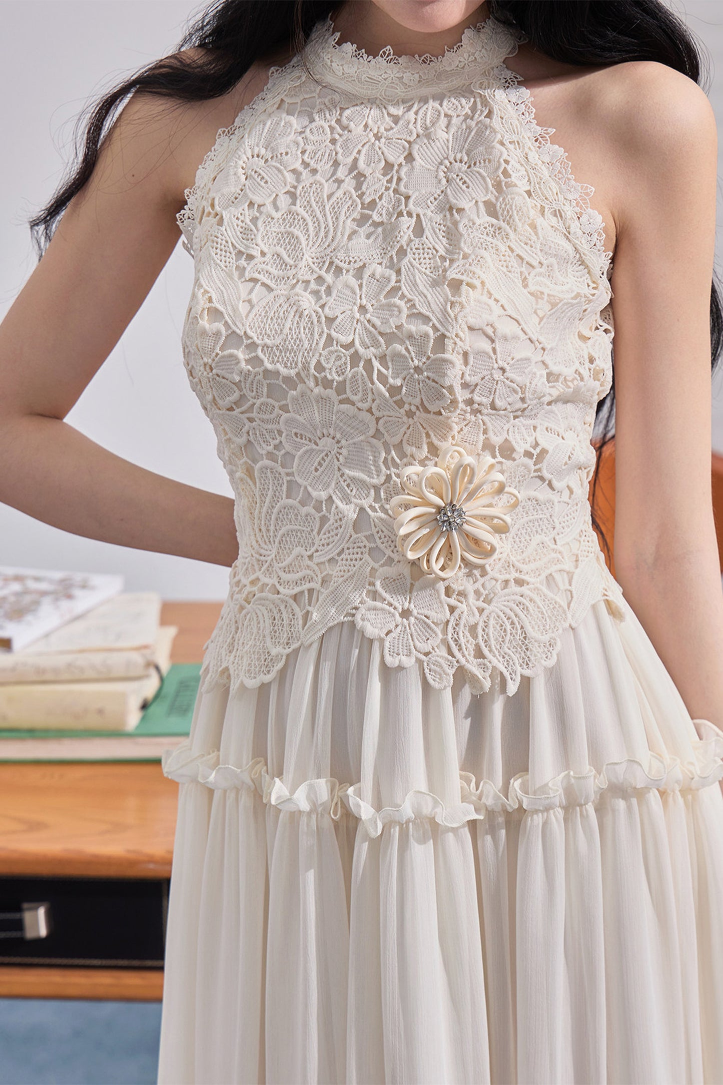 Embossed Garden Lace Halter Dress