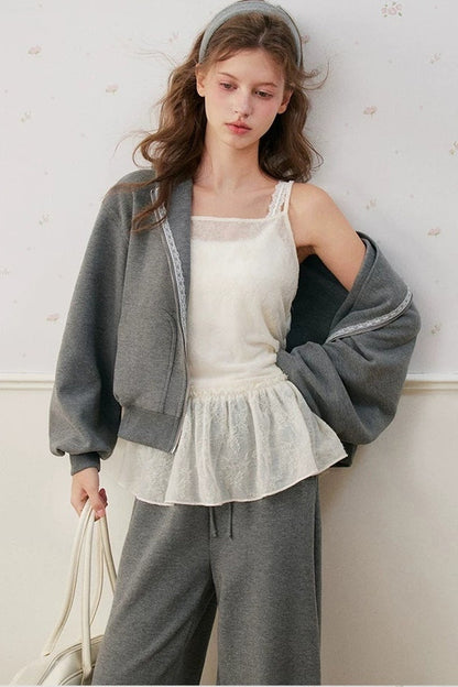 Lace Trim Double Zipper Hooded Jacket and Drawstring Pants Set-Up