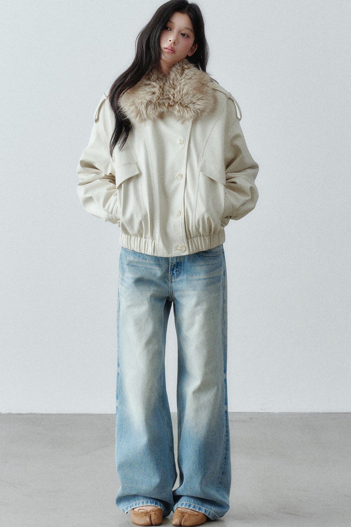 Fur Collar Button-Up Short Jacket