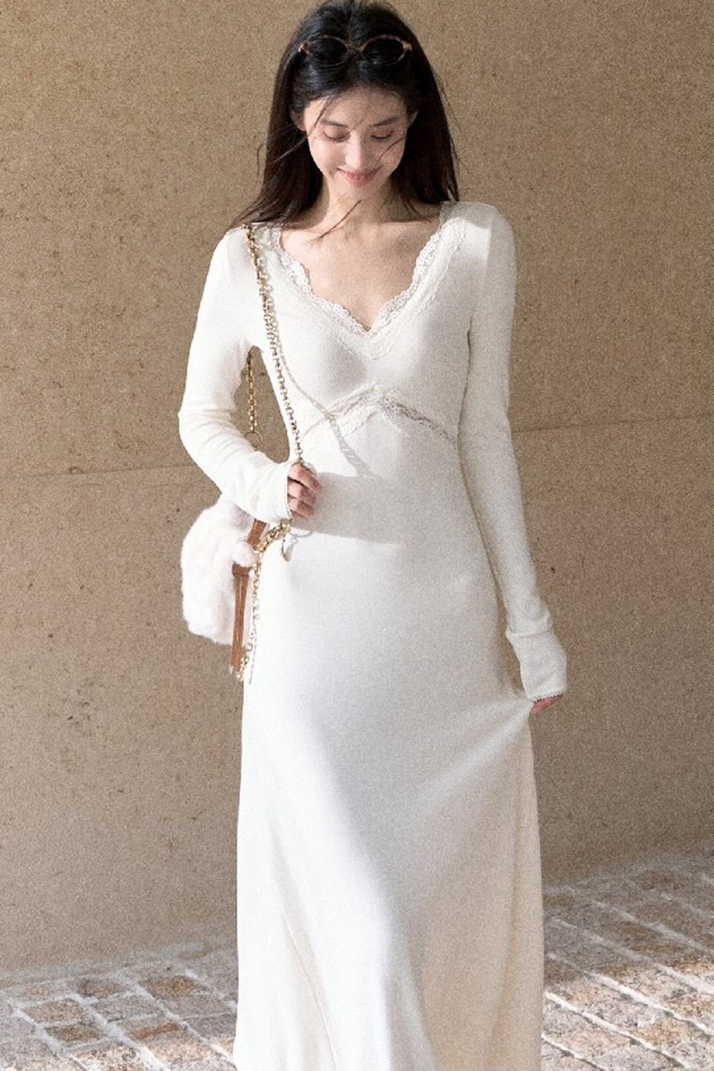 A-Line Lace Splicing Knit Long-Sleeve Dress