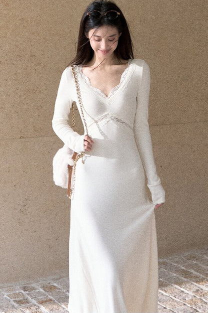 A-Line Lace Splicing Knit Long-Sleeve Dress