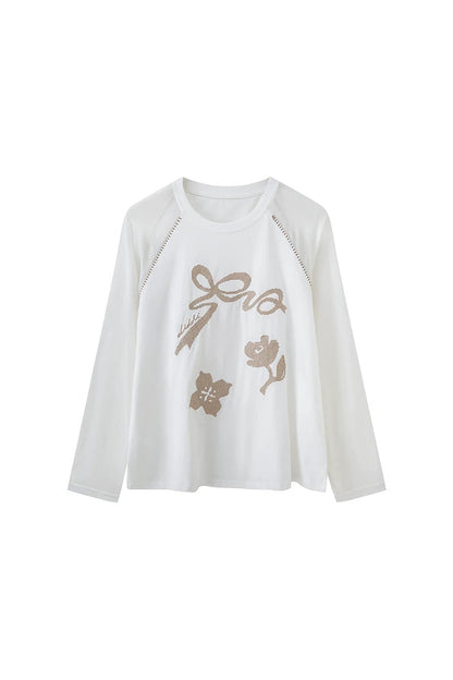 Bow Floral Spliced Long-Sleeve Top