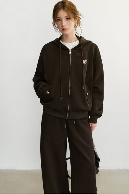 Embroidered Hooded Cardigan Sweatshirt and Wide-Leg Pants Set-Up