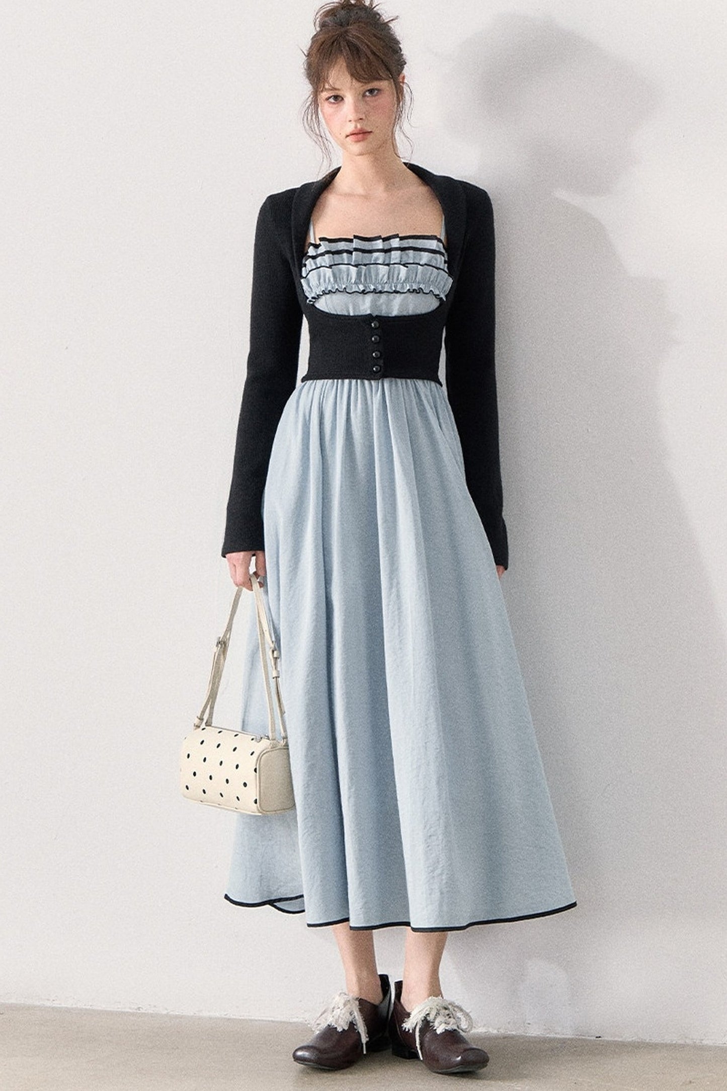 Slim Knit Cardigan and Ruffle Dress Set
