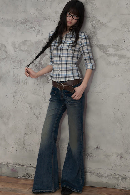 Retro Plaid Short Sleeve Shirt and Pants Set-Up