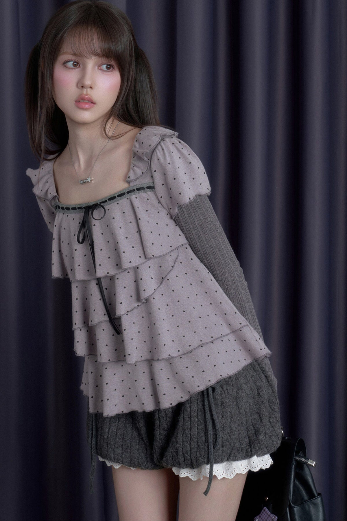 Long-Sleeved Gray-Purple Cake-Style Knit Top