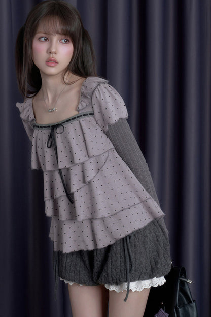 Long-Sleeved Gray-Purple Cake-Style Knit Top