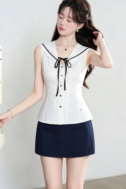 Sleeveless Sailor Collar Shirt and Skirt Set