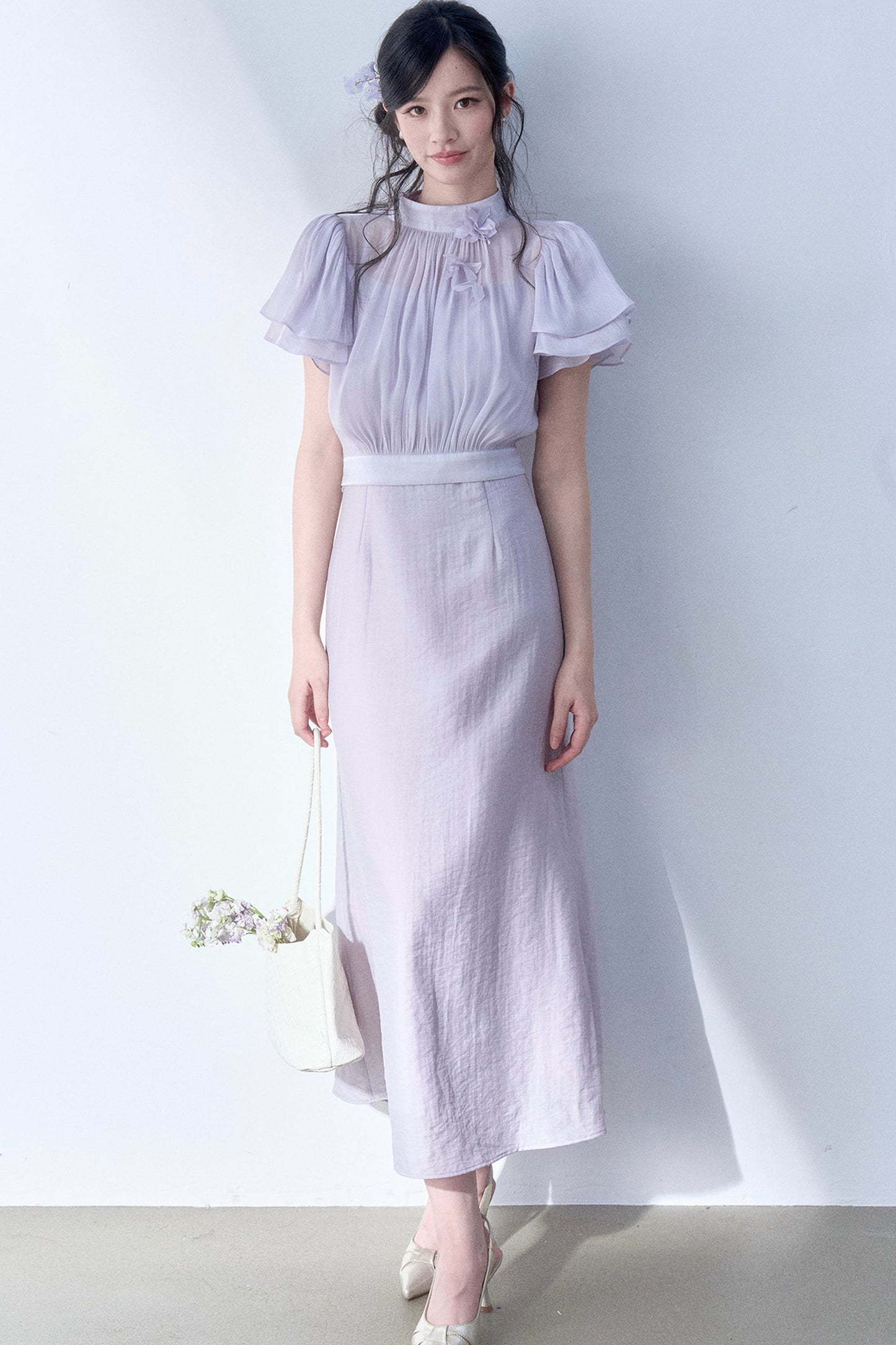 Petal Flutter Sleeve Top and Long Dress