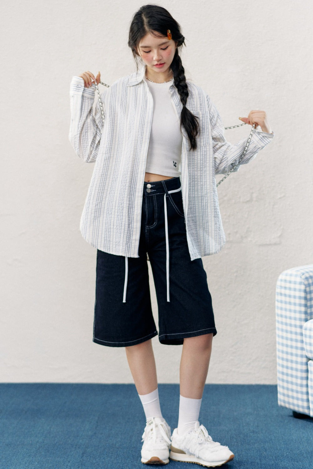 Washed Denim Drawstring Shorts